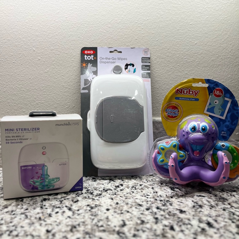 BABY BUNDLE Oxo Tot Wipes Dispenser Nuby Bath Toy Set and mini Sterilizer